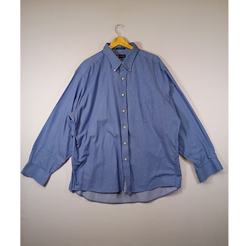 Classic Preppy Chaps Mens XXL Blue White Striped Wrinkle Free‎ Button Down Shirt